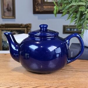 Vintage Cobalt Blue Glazed Porcelain Teapot Classic Rounded Tea Server